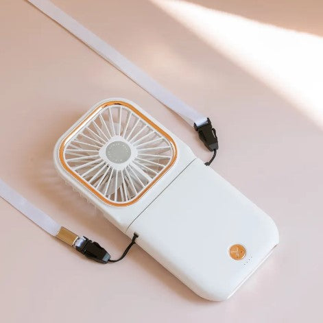 Vit handfläkt 3in1 med matchande halsremmar / straps med hela 3000mAh batteri får du lång användning